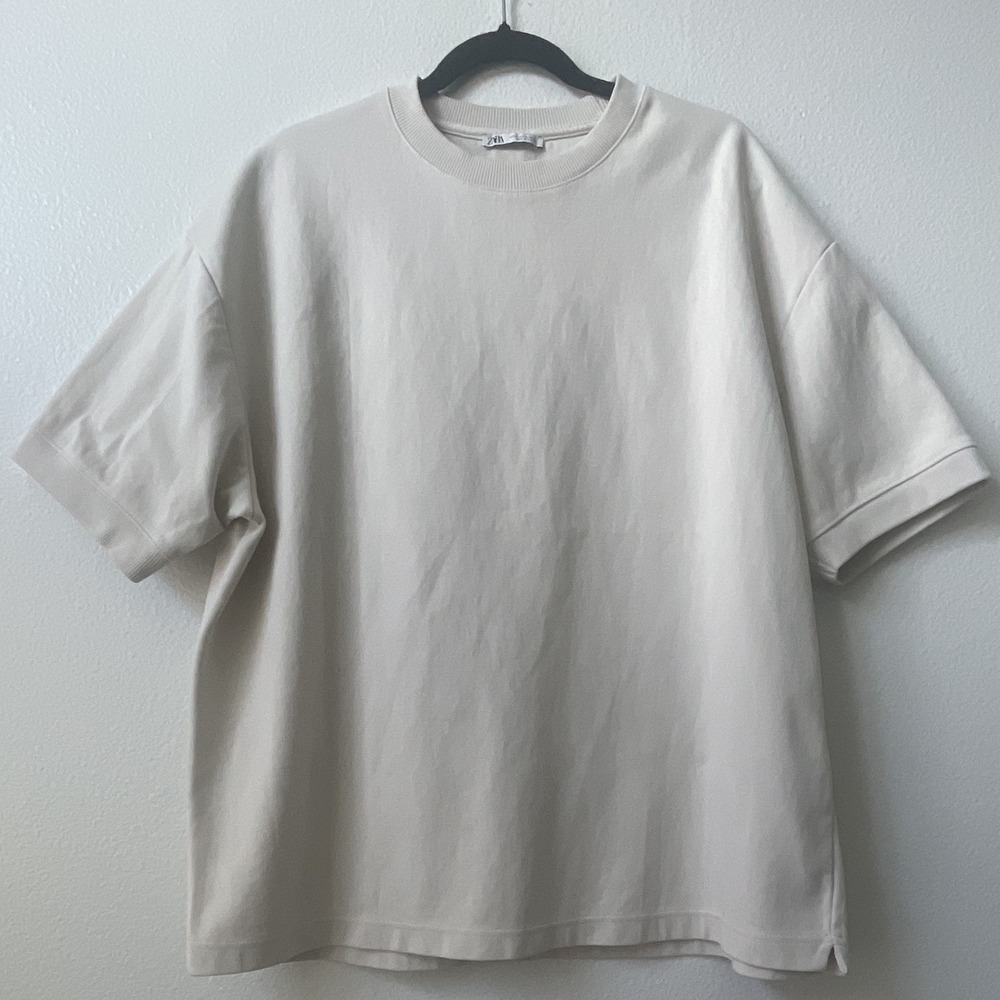 Zara Men's Beige Short Sleeve Crew Neck Solid Regular Fit Cotton Knit T-Shirt XL